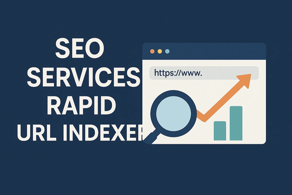 SEO Services Rapid URL Indexer text with browser and upward arrow chart illustration.