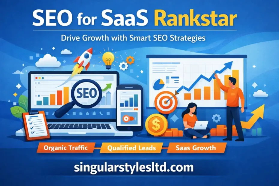 Illustration of SEO strategy for SaaS growth with analytics charts, laptop dashboard, and the text “SEO for SaaS Rankstar” with the website singularstylesltd.com.