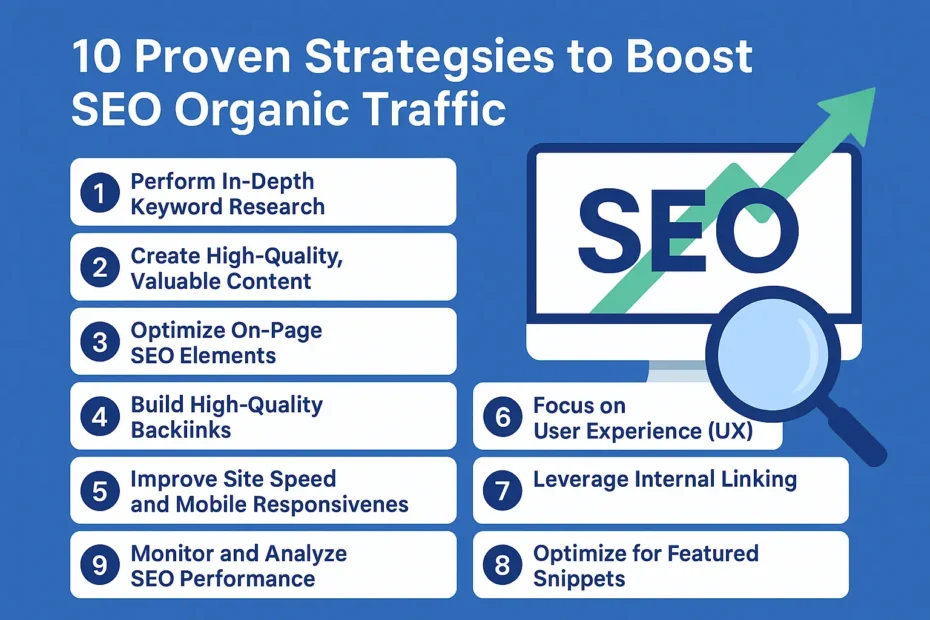 Infographic showing 10 proven strategies to boost SEO organic traffic with visuals of a computer monitor, arrows, and strategy list.