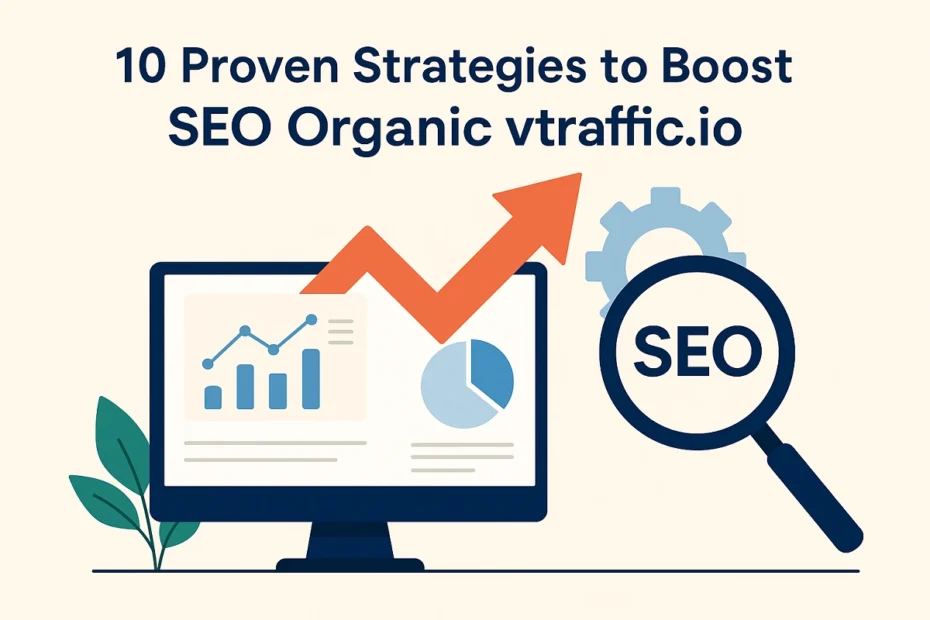 Infographic showing strategies to boost SEO organic vtraffic.io with graphs and SEO icons.