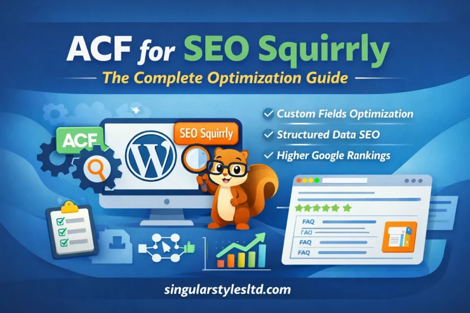 ACF for SEO Squirrly optimization guide illustration with WordPress, custom fields, SEO tools, and singularstylesltd.com branding.