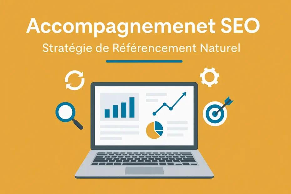 accompagnement SEO avec graphique de référencement naturel sur écran d’ordinateur portable.