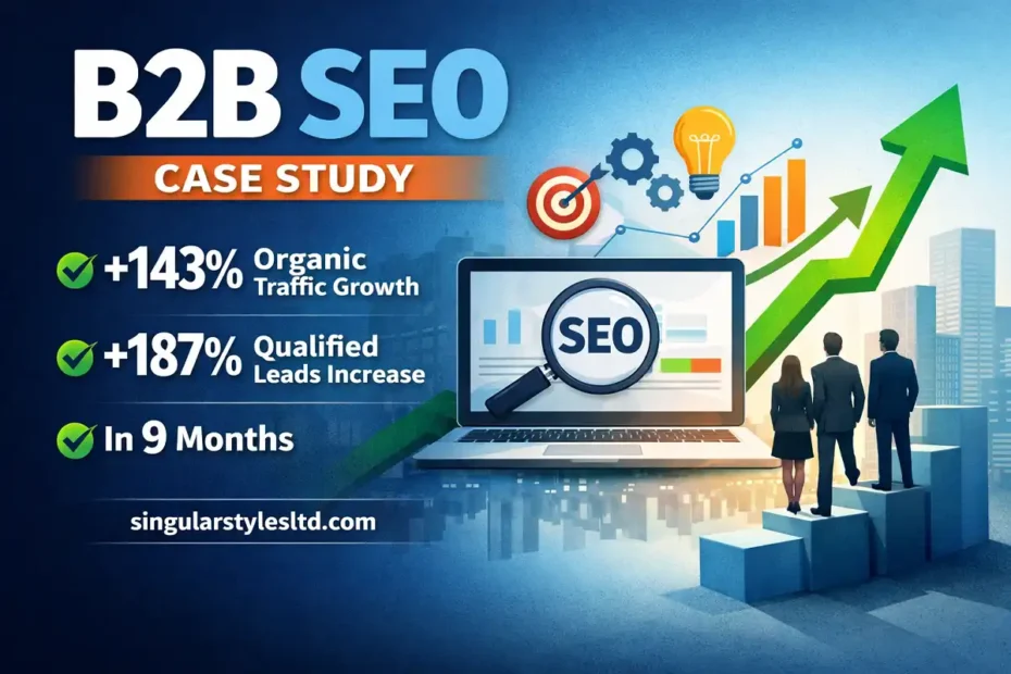 Illustration of a B2B SEO case study showing organic traffic growth, lead increase, and rising search performance with the website singularstylesltd.com.