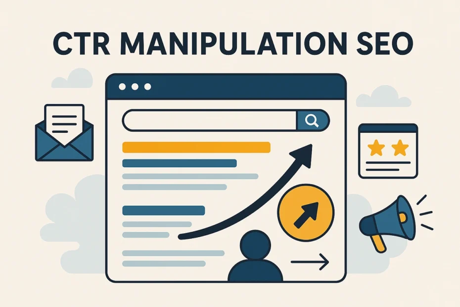 CTR manipulation SEO infographic with search engine results and click-through strategy icons.