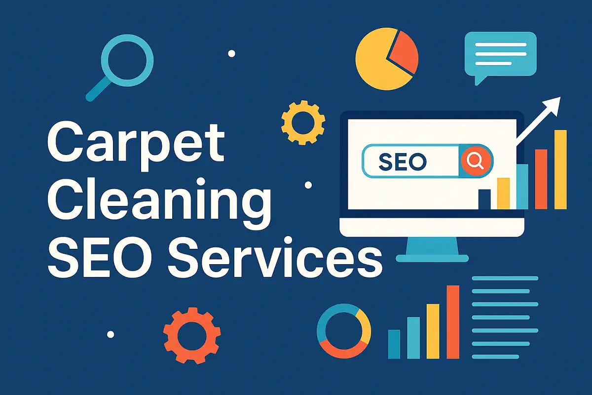 Carpet cleaning SEO services illustration with digital marketing icons.