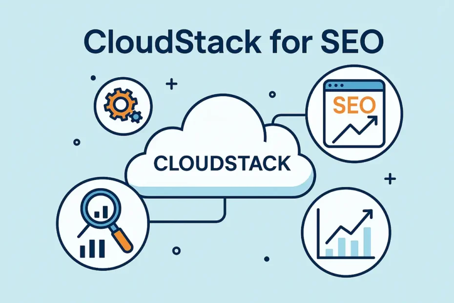 cloudstack for SEO infographic showing cloud and optimization icons.
