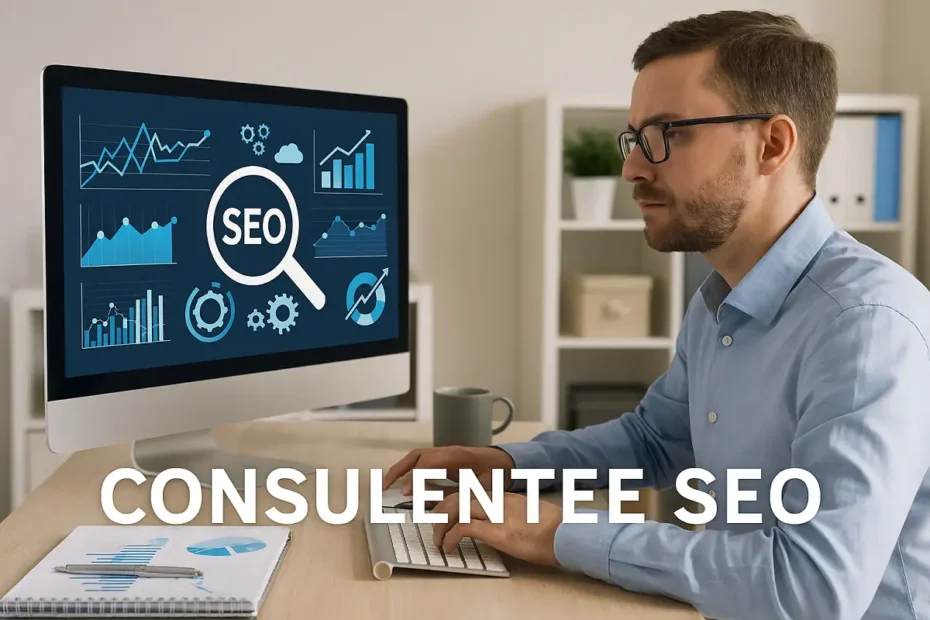 Consulente SEO analizza dati su schermo in un ufficio moderno.