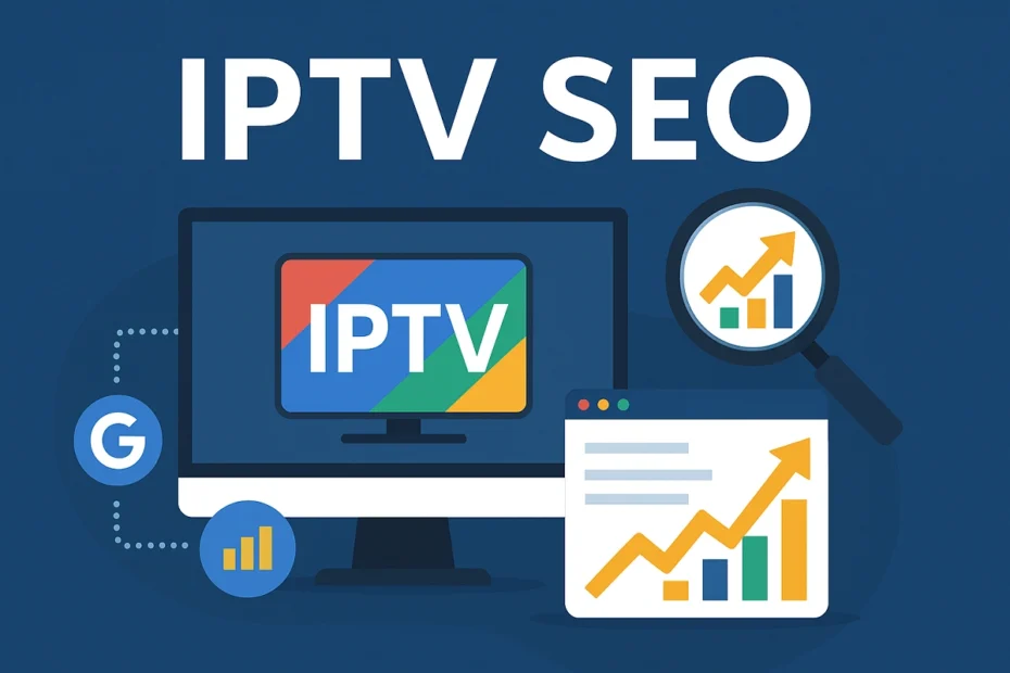 IPTV SEO graphic with ranking icons.