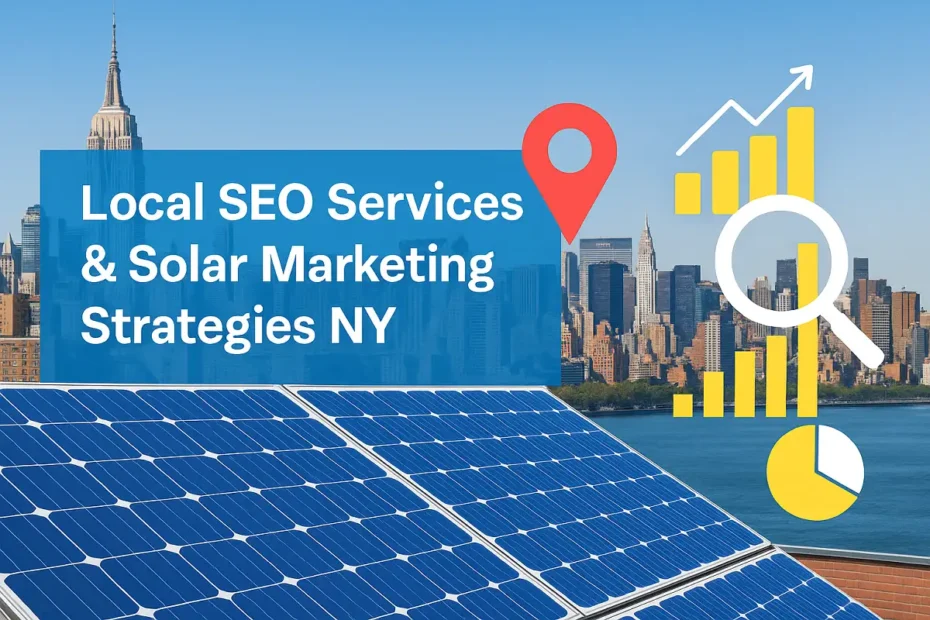 Local SEO services & solar marketing strategies NY with solar panels and New York City skyline in background.