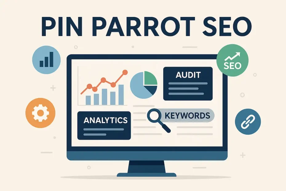 Pin parrot SEO dashboard showing analytics, audit, and keyword tools.