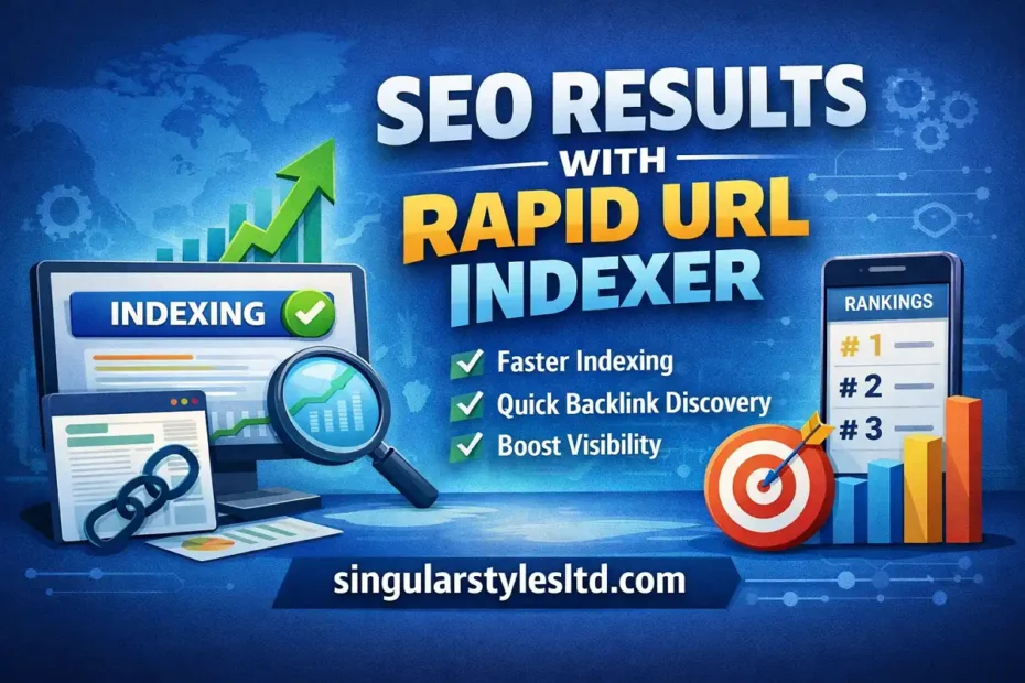 Illustration showing SEO results with Rapid URL Indexer, featuring indexing dashboards, ranking charts, backlink icons, and the website name singularstylesltd.com.