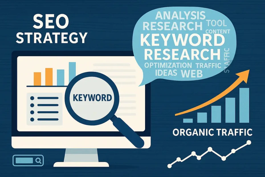 SEO strategy with keyword research dashboard, graph, and the phrase 'effective keyword research techniques for improved organic SEO Vtraffic'.
