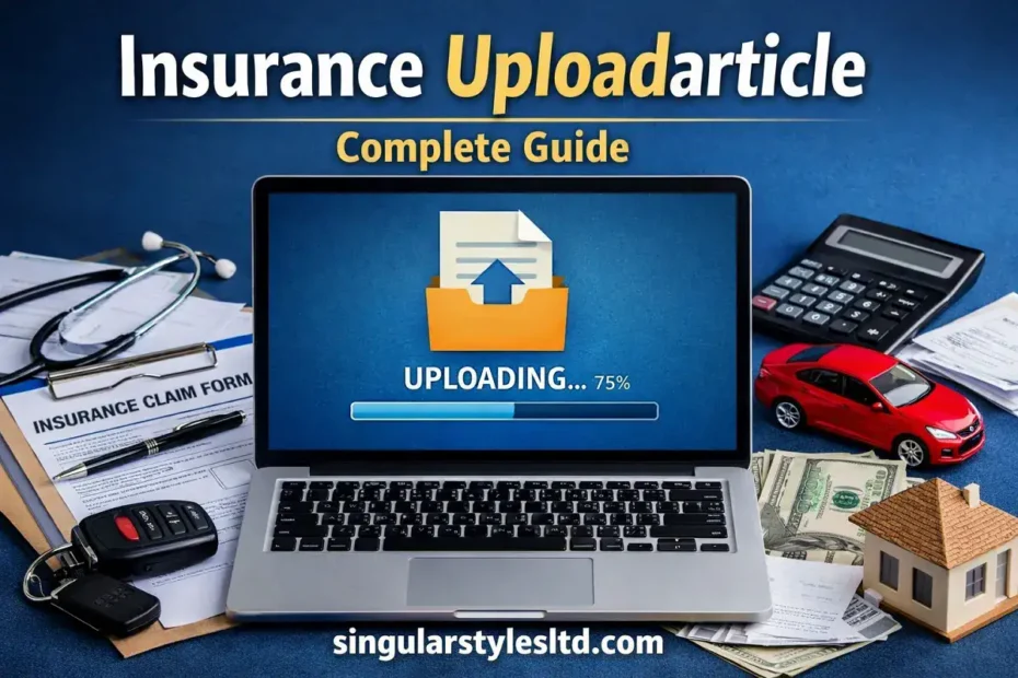 Insurance document upload concept with laptop screen showing upload progress, claim forms, car, calculator, and singularstylesltd.com branding.