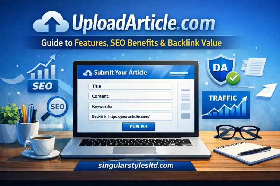 UploadArticle.com SEO guide banner with article submission dashboard and singularstylesltd.com branding.
