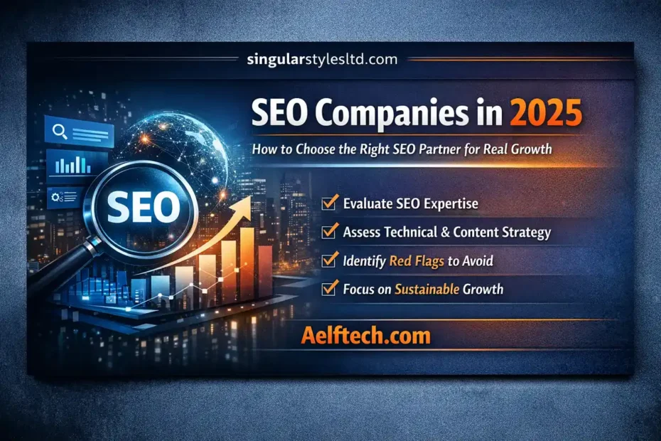 Graphic about choosing SEO companies in 2025, featuring a magnifying glass over “SEO,” growth charts, and tips for evaluating SEO expertise and sustainable growth.