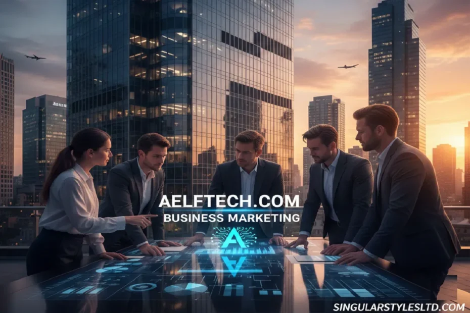 A professional group of businesspeople in suits standing around a digital high-tech table displaying data analytics in a modern city office at sunset. The image features the text "AELFTECH.COM BUSINESS MARKETING" in the center and "SINGULARSTYLESLTD.COM" in the bottom right corner.