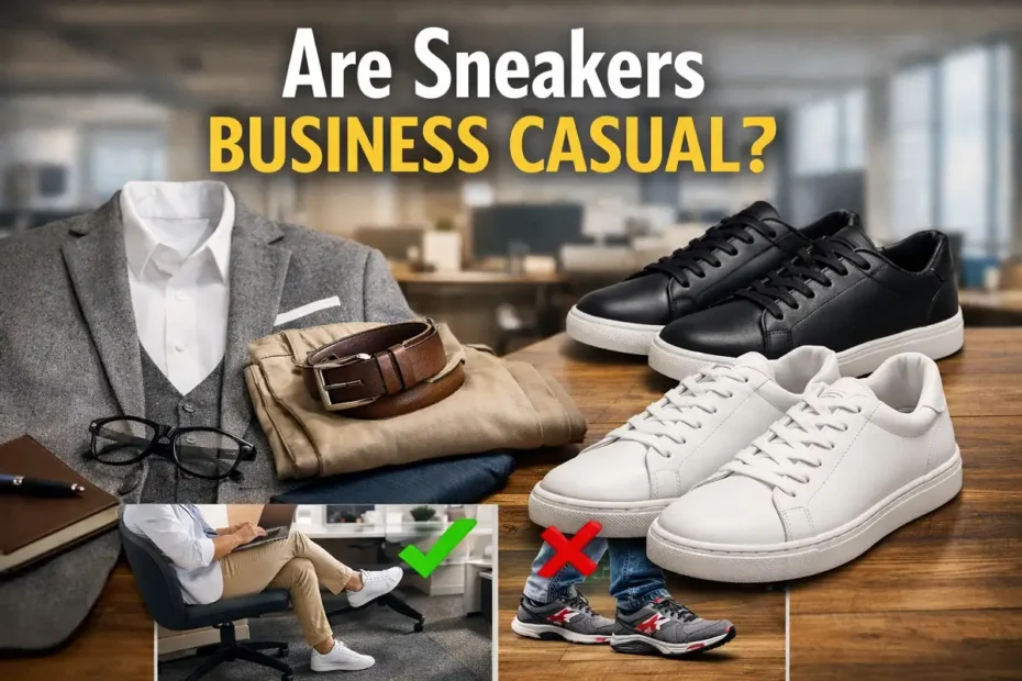 Business casual office outfit with clean white and black sneakers displayed on a desk.