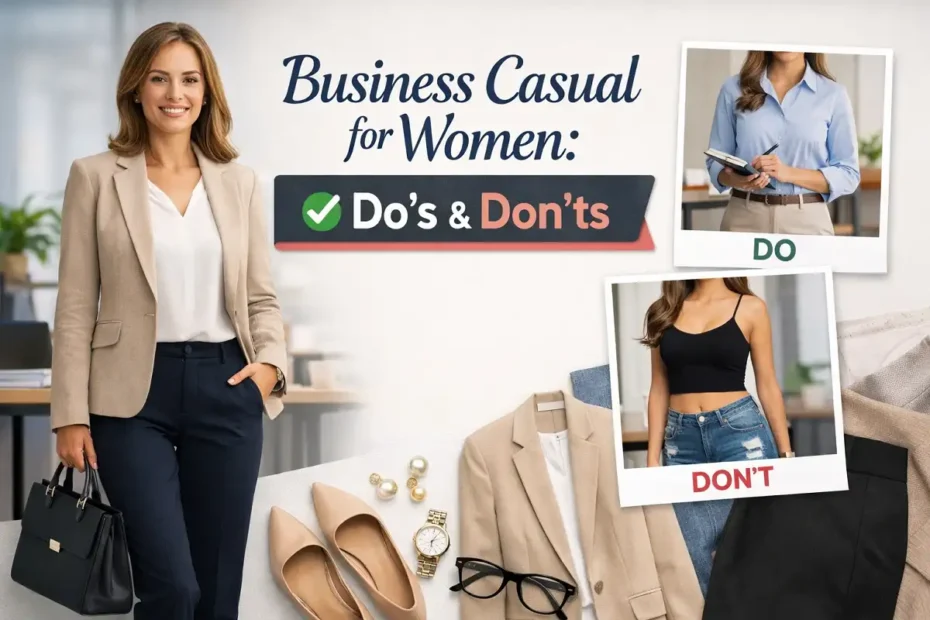 Business casual for women do’s and don’ts style guide outfit example.
