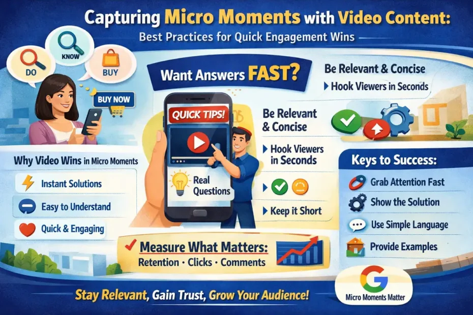 Infographic showing how to capture video micro moments with fast, relevant, and concise content for quick audience engagement.