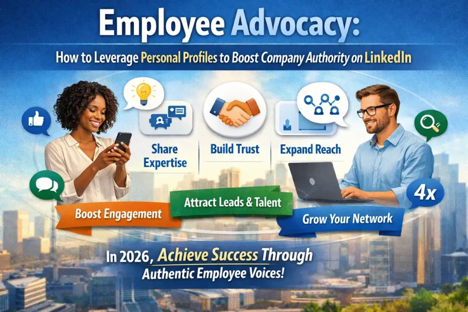 Employee advocacy on LinkedIn showing professionals sharing expertise to boost company authority and engagement.