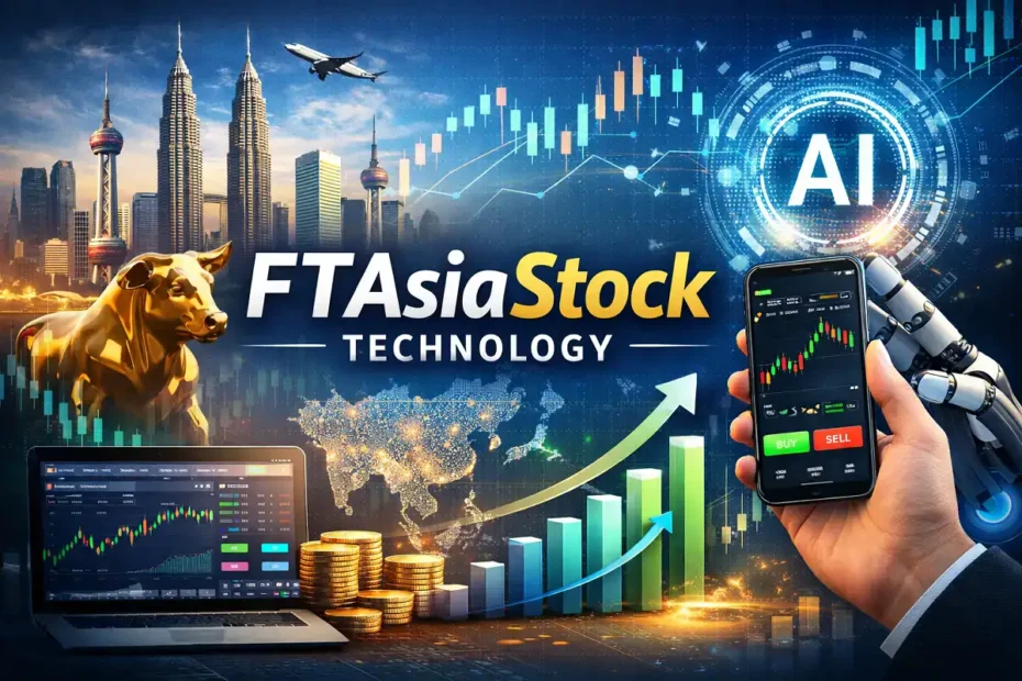FTAsiaStock technology AI-powered Asian stock trading platform with digital charts and growth graph.