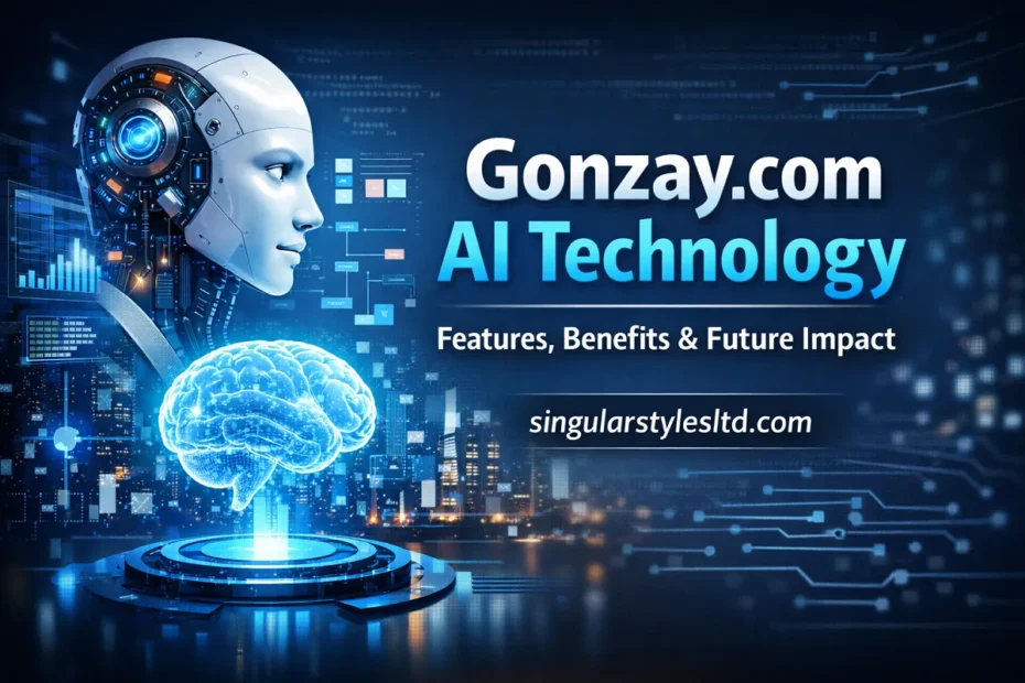 AI robot head with digital brain and futuristic city background illustrating Gonzay.com AI Technology, branded with singularstylesltd.com.