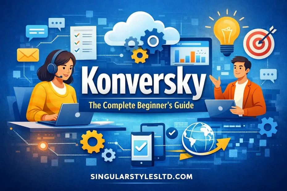 Konversky digital workflow guide illustration with productivity icons and singularstylesltd.com branding.