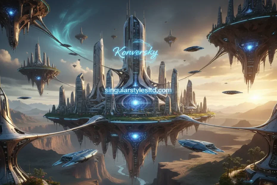 Futuristic floating city with sleek towers and spaceships, featuring the text "Konversky" and "singularstylesltd.com" over a canyon landscape.