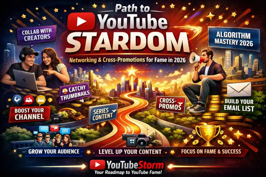 Illustration showing the path to YouTube stardom with creators collaborating, growth icons, and a roadmap to fame in 2026.