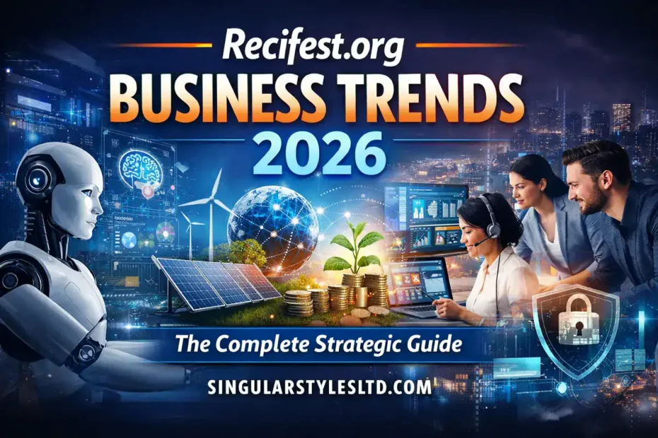 Futuristic “Recifest.org Business Trends 2026” banner featuring AI robot, sustainability icons, cybersecurity visuals, business professionals, and singularstylesltd.com branding.