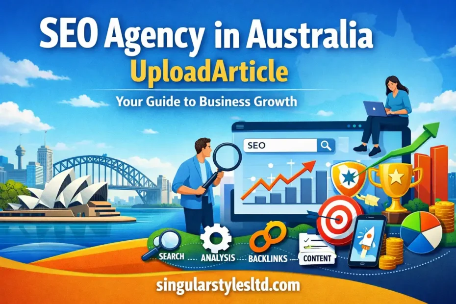 Illustration of SEO growth strategy in Australia with analytics dashboard, rising graph, and singularstylesltd.com branding.