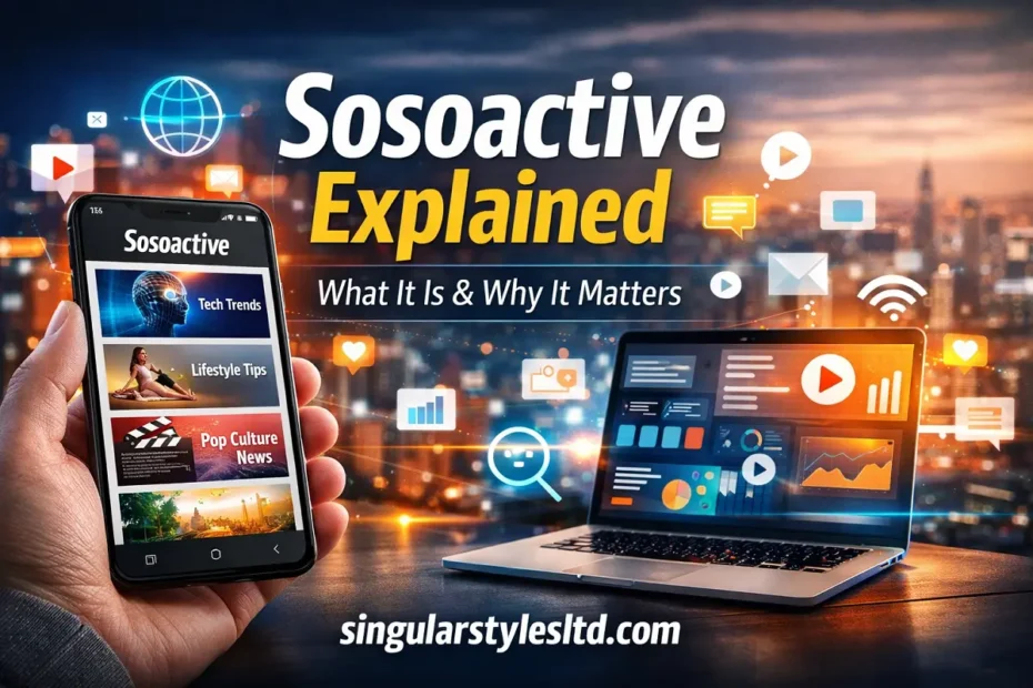 Sosoactive digital trends platform displayed on smartphone and laptop with singularstylesltd.com branding.