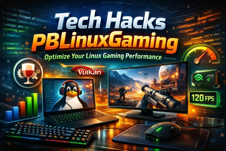 Linux gaming setup with Proton, Vulkan, FPS monitor, and performance optimization dashboard.