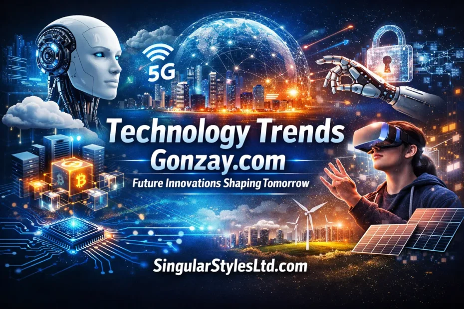 Futuristic technology trends banner featuring AI, 5G connectivity, cybersecurity, blockchain, and VR innovation with SingularStylesLtd.com branding.
