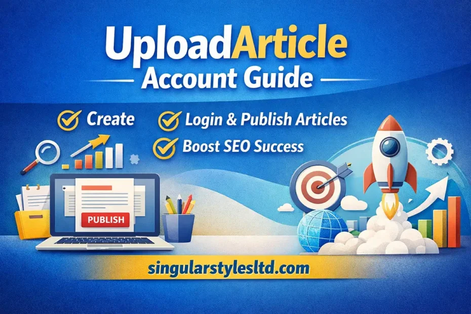 UploadArticle account guide banner showing content publishing, SEO growth icons, and singularstylesltd.com branding.