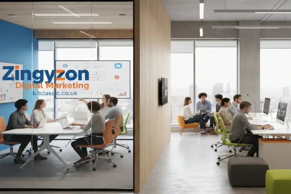 Modern digital marketing office interior featuring "Zingyzon Digital Marketing" branding and the URL bitclassic.co.uk displayed on a glass wall.