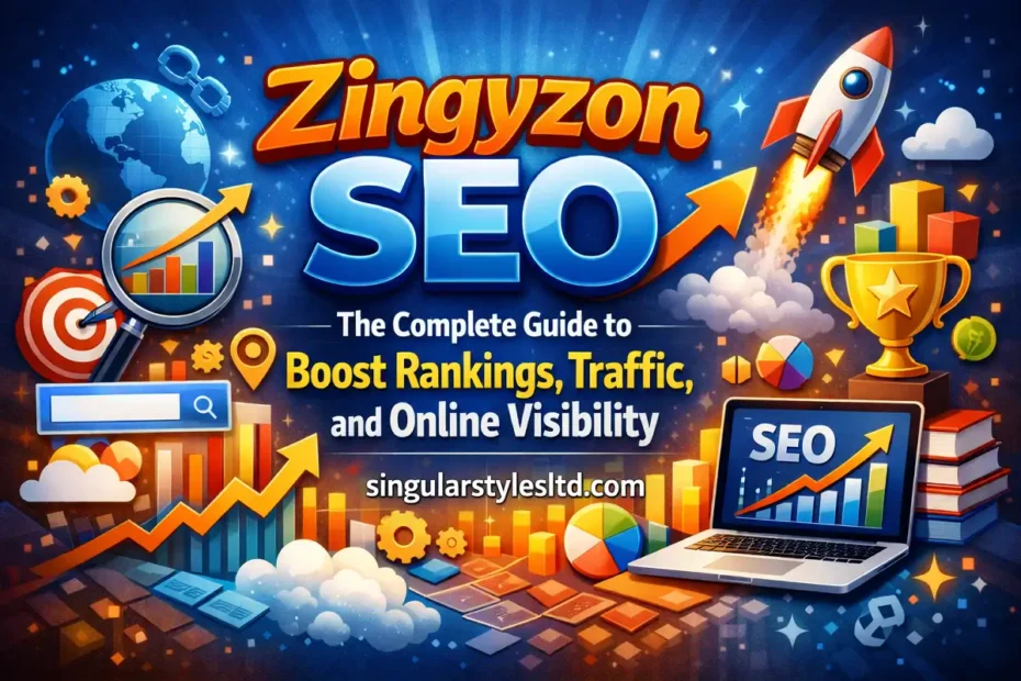 Zingyzon SEO promotional graphic with bold title, growth charts, rocket, and singularstylesltd.com on a blue digital background.