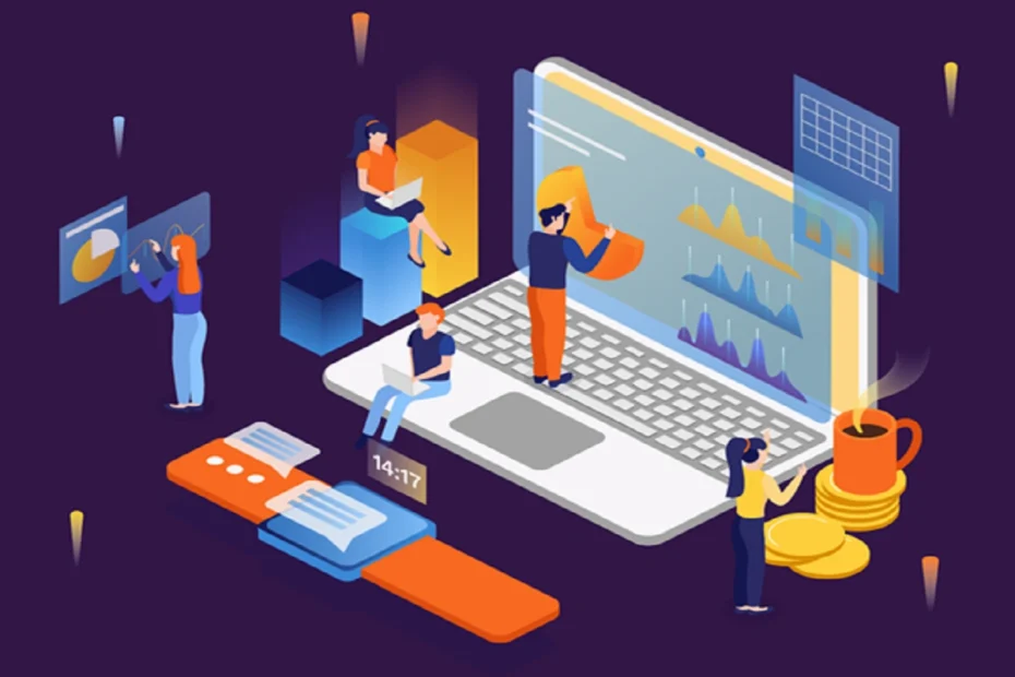 Illustration of people analyzing financial data on a large laptop screen with charts, graphs, coins, and digital devices around them.