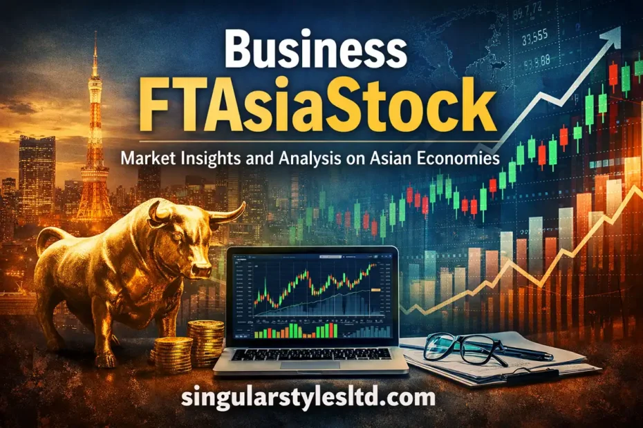 Business FTAsiaStock concept image showing Asian skyline, golden bull statue, stock market chart, laptop with financial graphs, and the website name singularstylesltd.com.
