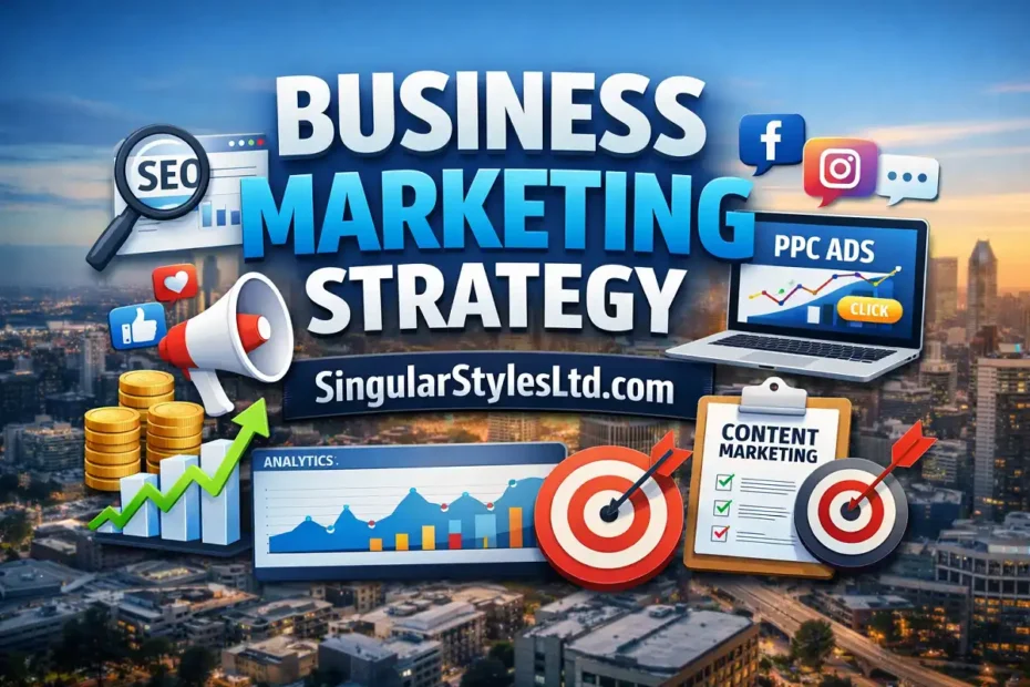 Business marketing strategy graphic for SingularStylesLtd.com featuring SEO, PPC ads, analytics charts, social media icons, and content marketing elements over a city skyline background.