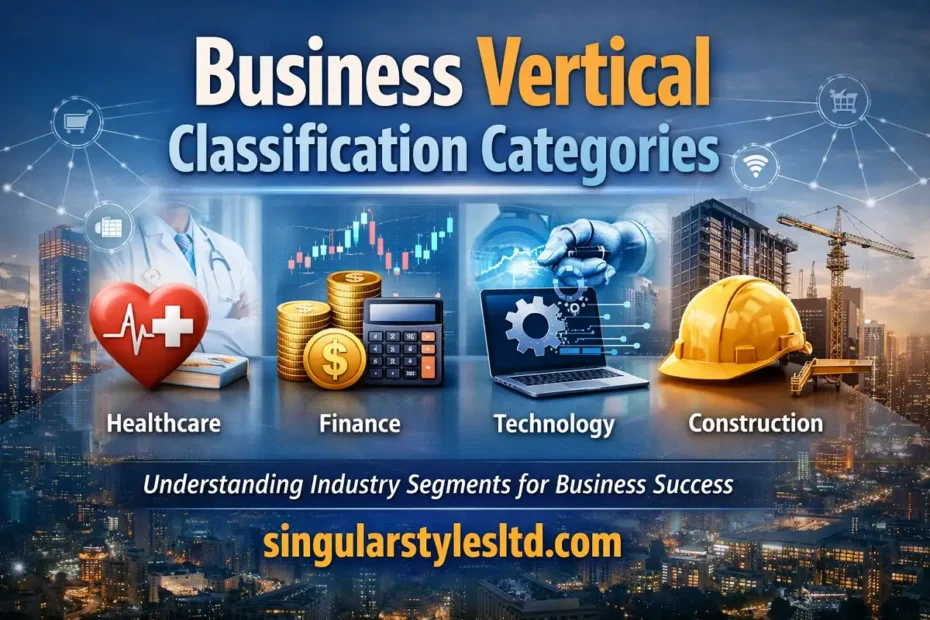 Business vertical classification categories illustration showing healthcare, finance, technology, and construction industries with singularstylesltd.com branding.