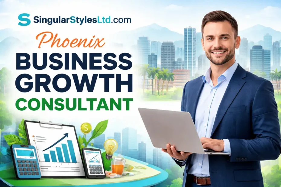 Professional Phoenix business growth consultant promotional graphic with a businessman holding a laptop, growth charts, and the text “SingularStylesLtd.com” displayed prominently.