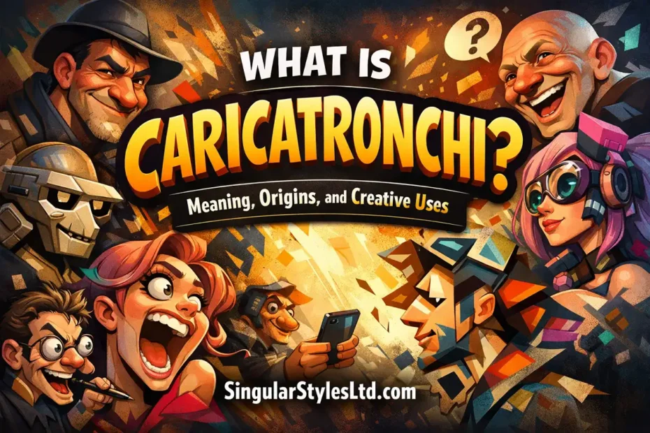 Colorful caricature-style illustration with exaggerated cartoon characters and bold text “What is Caricatronchi?” featuring the website name SingularStylesLtd.com.