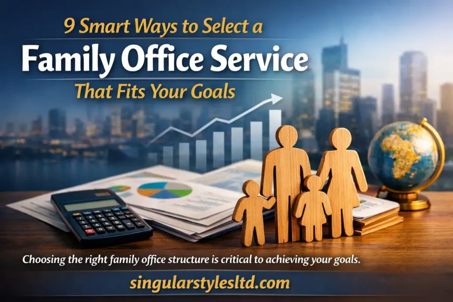 Banner showing a family office theme with financial charts, calculator, and wooden family figures, titled “9 Smart Ways to Select a Family Office Service That Fits Your Goals” with singularstylesltd.com displayed.