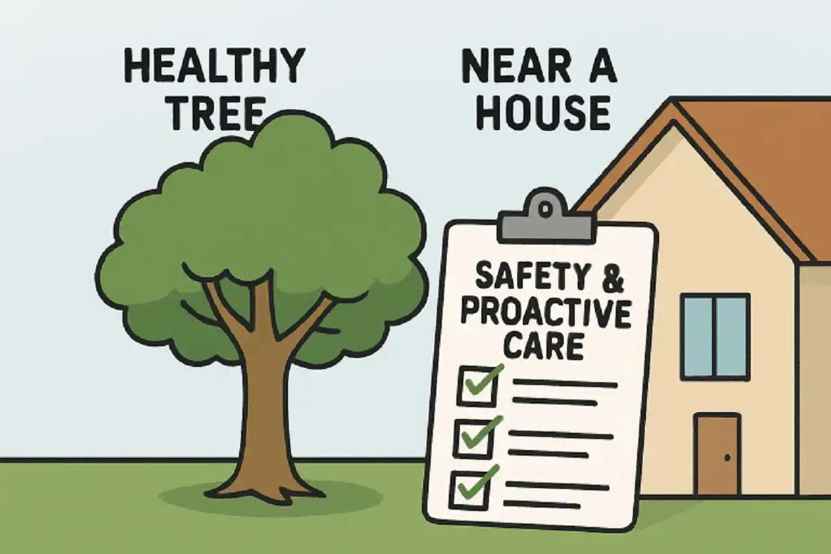 Illustration of a healthy tree near a house with a safety and proactive care checklist.