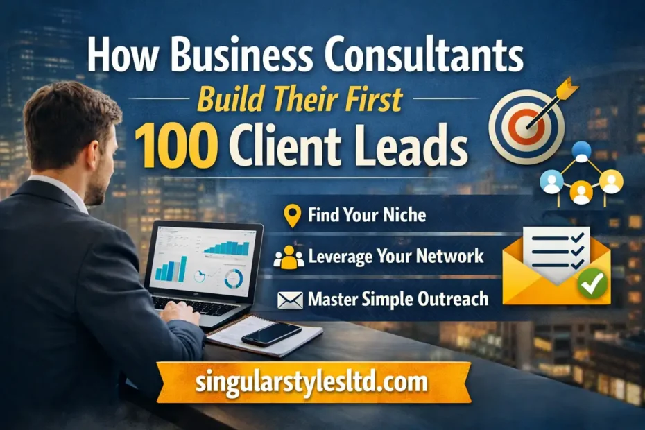 Business consultant working on laptop with charts, promoting “How Business Consultants Build Their First 100 Client Leads” and singularstylesltd.com branding.