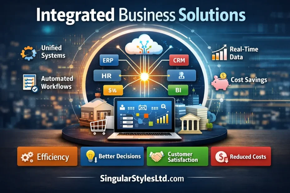 Infographic showing Integrated Business Solutions Meaning with ERP, CRM, HR, and BI systems connected on a central platform to improve efficiency, real-time data sharing, and cost savings.