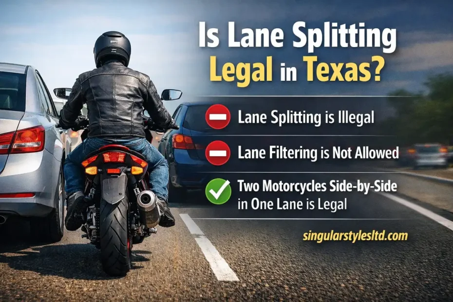 Infographic explaining is lane splitting legal in Texas, showing a motorcyclist between cars and highlighting that lane splitting is illegal in Texas.