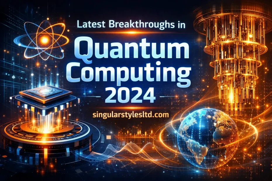 Quantum computing 2024 banner with glowing quantum processor, atoms, and futuristic technology background featuring singularstylesltd.com.