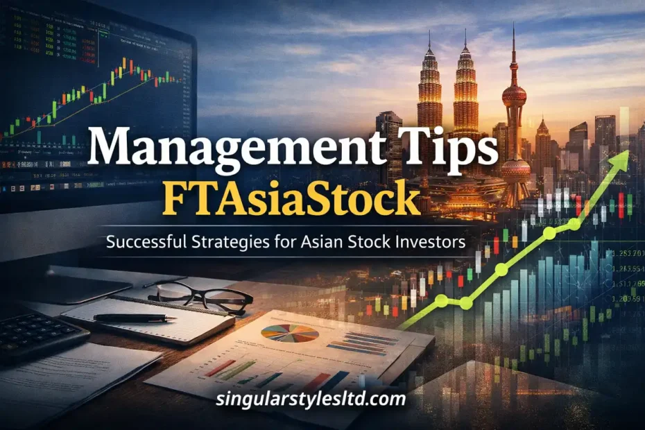 Banner showing Asian skyline with stock market charts and financial analysis tools, titled “Management Tips FTAsiaStock” with the website name singularstylesltd.com.